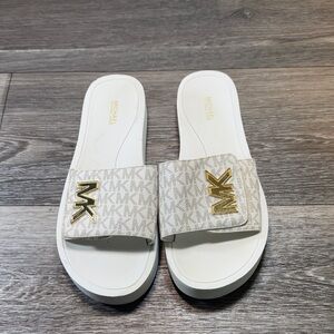 Michael Kors White and Gold Logo Slides woman’s size 10 (j99)